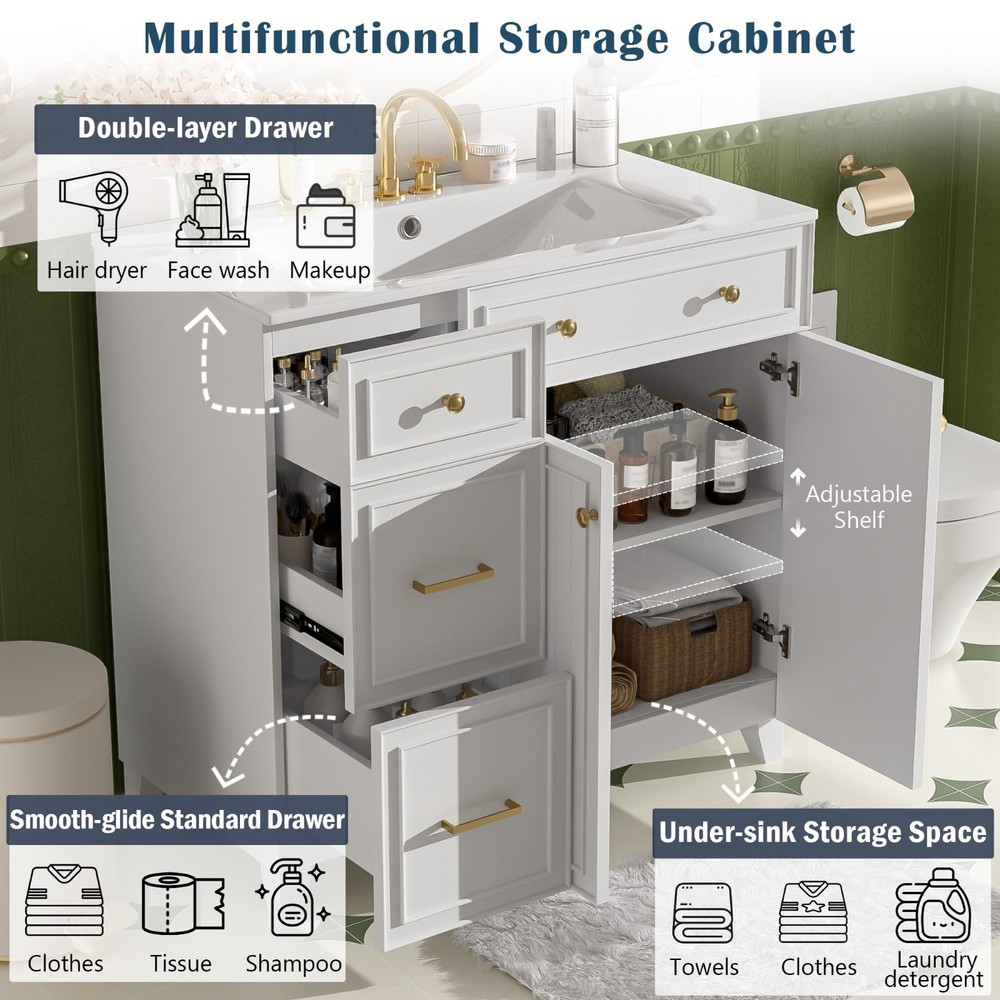 36" Vanity: Ceramic Sink, Drawers, Soft-Close Doors, Adjustable Shelves