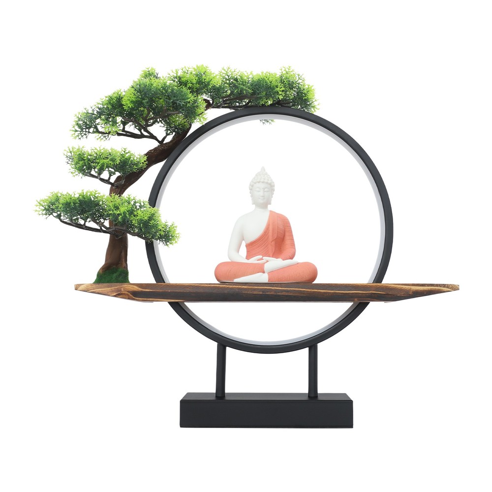 Buddha Statue Circle Lamp Tabletop LED Lighting Light with Green Artificial Tree