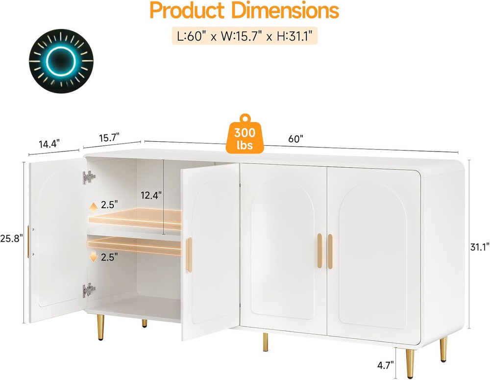 60" Sideboard Buffet Cabinet Large Credenza Storage Modern Console Table NEW