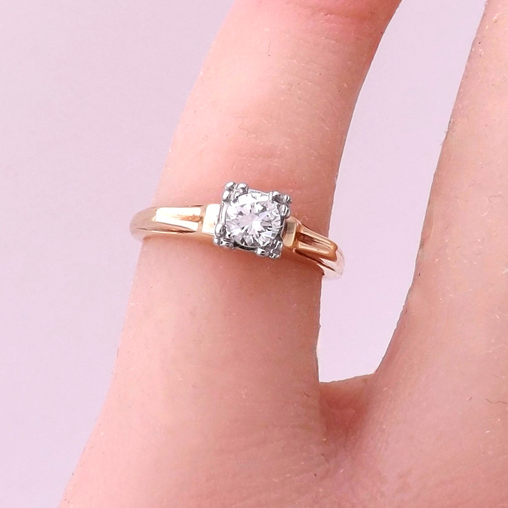 Solid 14K Gold Natural Diamond Engagement Ring Box Setting Vintage sz3.75