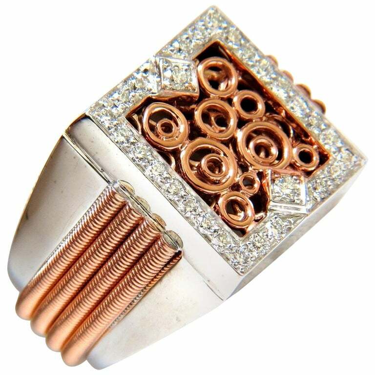 French Deco Style 925 Two Tone Solid Silver With Brilliant Round Cut CZ Men Ring