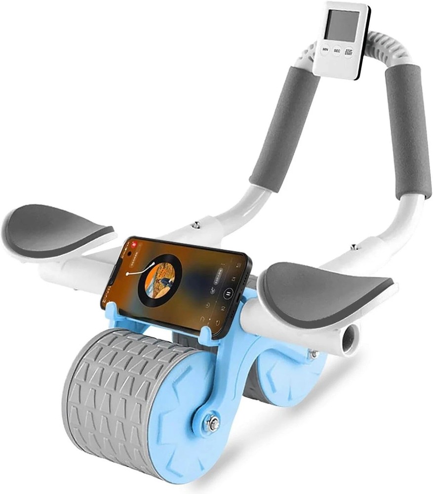 2024 New Ab Roller Wheel with Knee Mat & Timer, Automatic Rebound Blue Grey