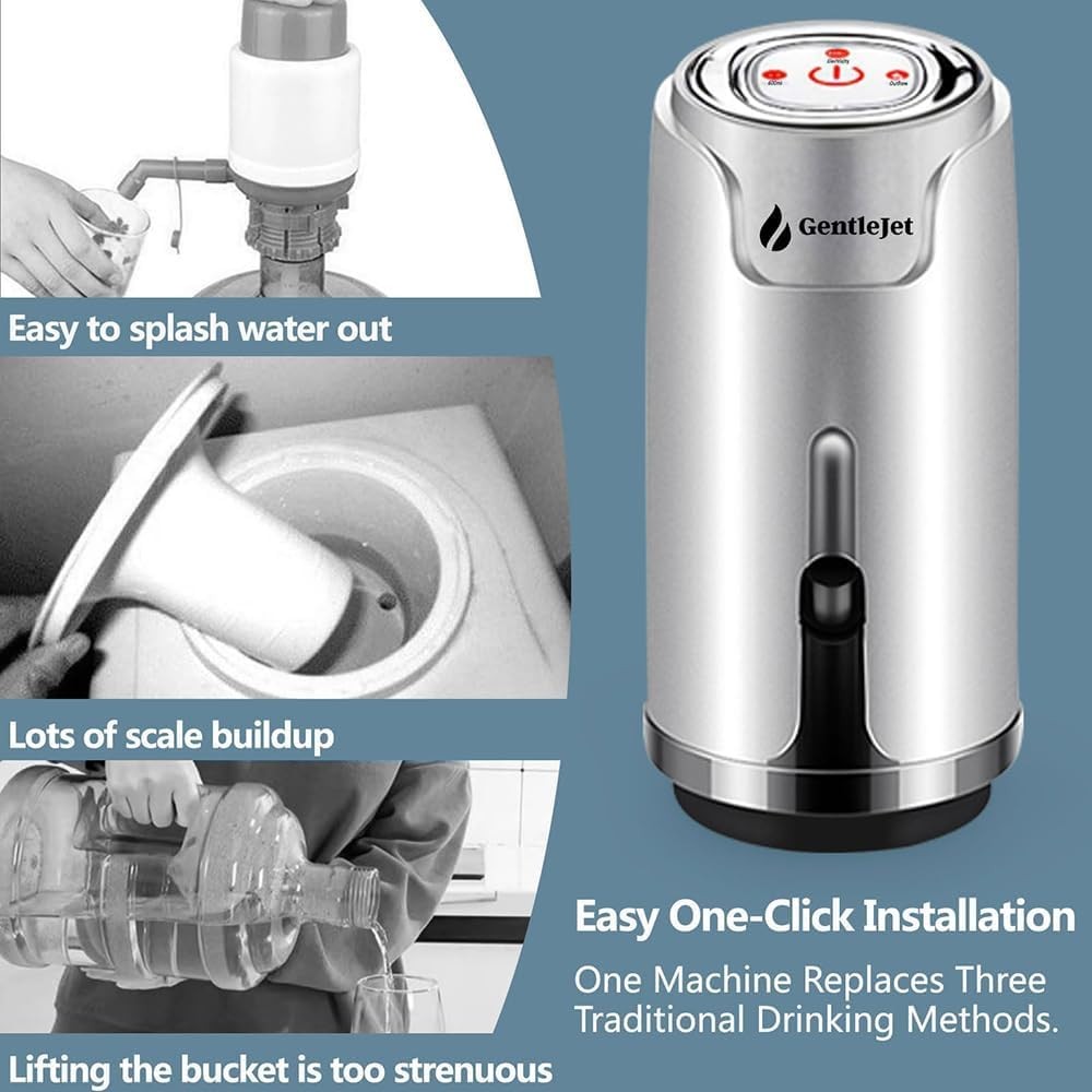 GentleJet Automatic Water Dispenser 5 Gallon USB Rechargeable Pump Silver