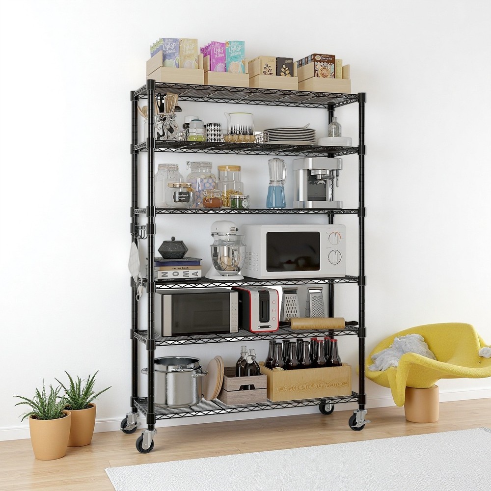 6-Tier Rolling Wire Shelving Unit - Heavy Duty, Adjustable, Hooks & Black