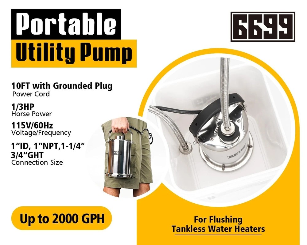 6699 Tankless Water Heater Flush Kit Includes 1/3HP Stainless Steel Sump Pump...