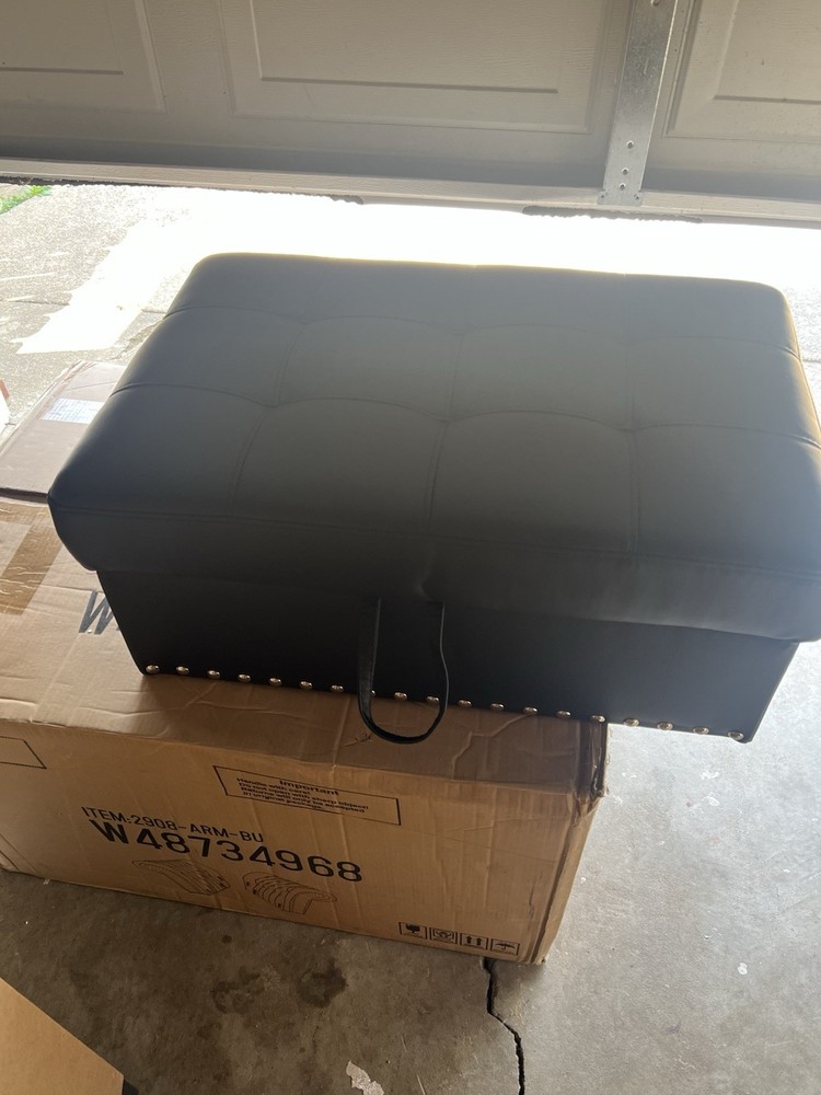 Black Faux Leather Rectangular Storage Ottoman Tufted Lid with Studded Trim