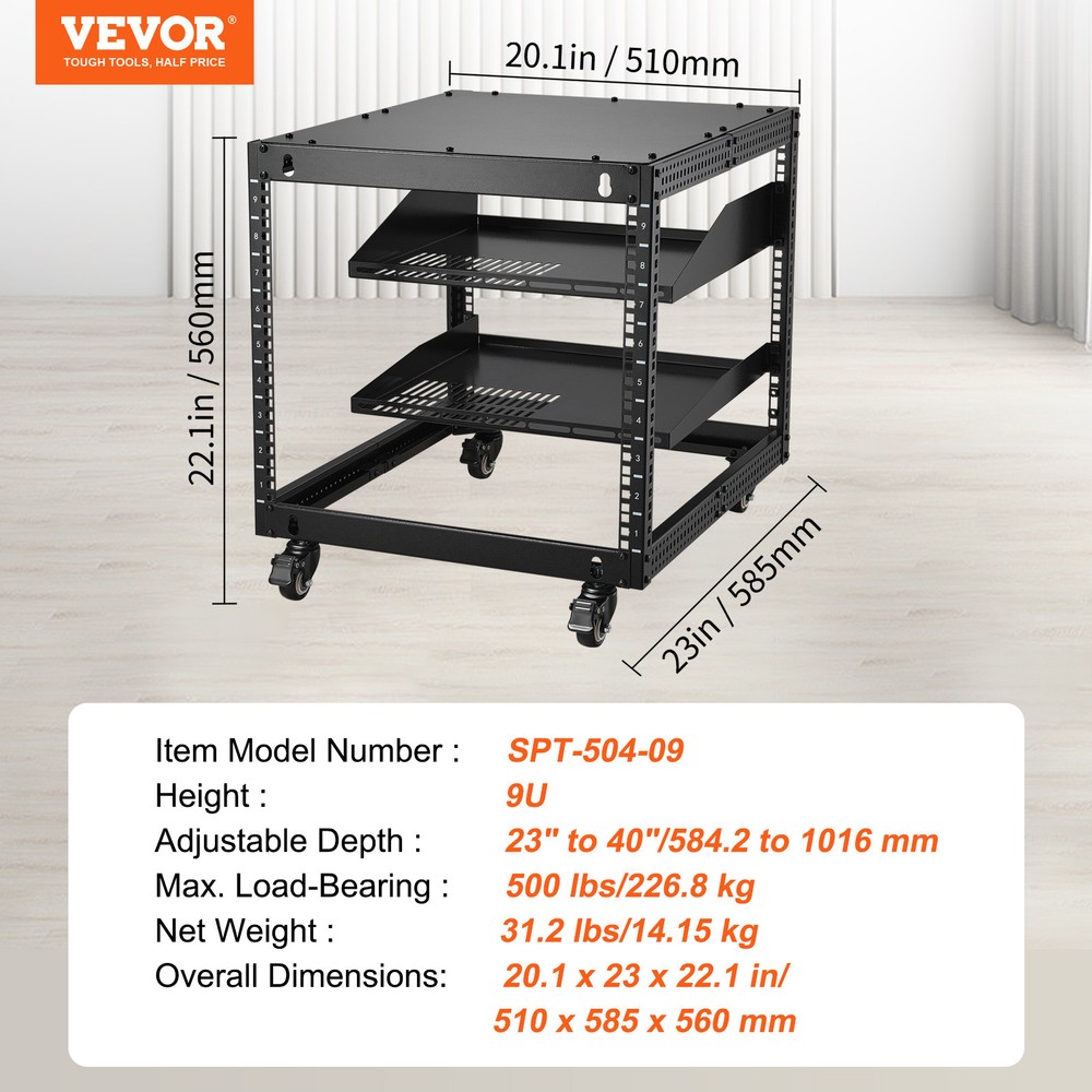VEVOR 9U 4 Post Open Frame Server Rack Network Enclosure 23''-40'' Adjustable