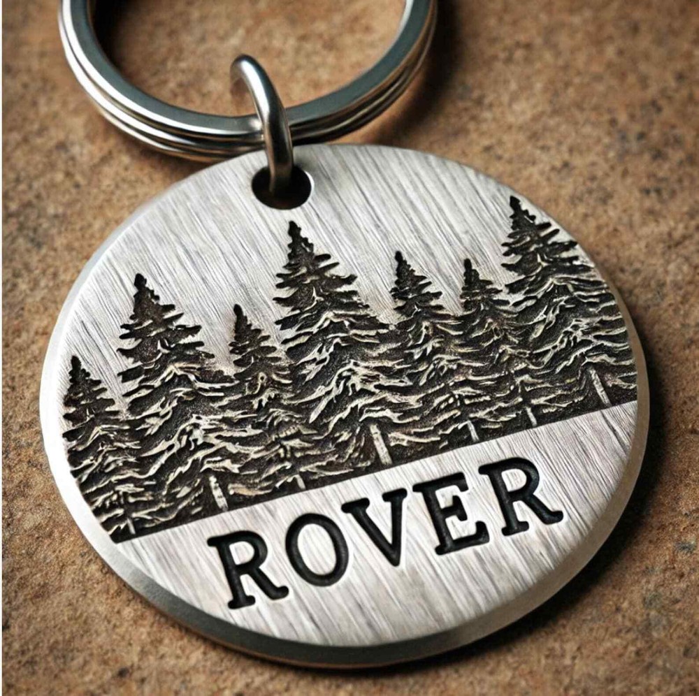 Rustic Brushed-Metal Pet ID Tag Disc – Custom Engraved Forest Design, Engraved
