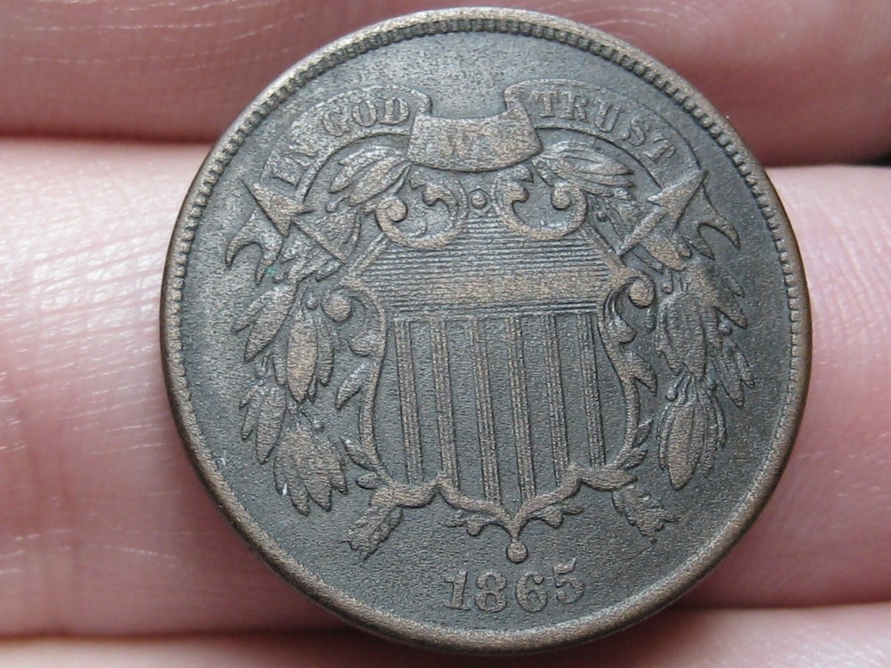 1865 Two 2 Cent Piece- Fancy 5, Partial WE, VF/XF Details