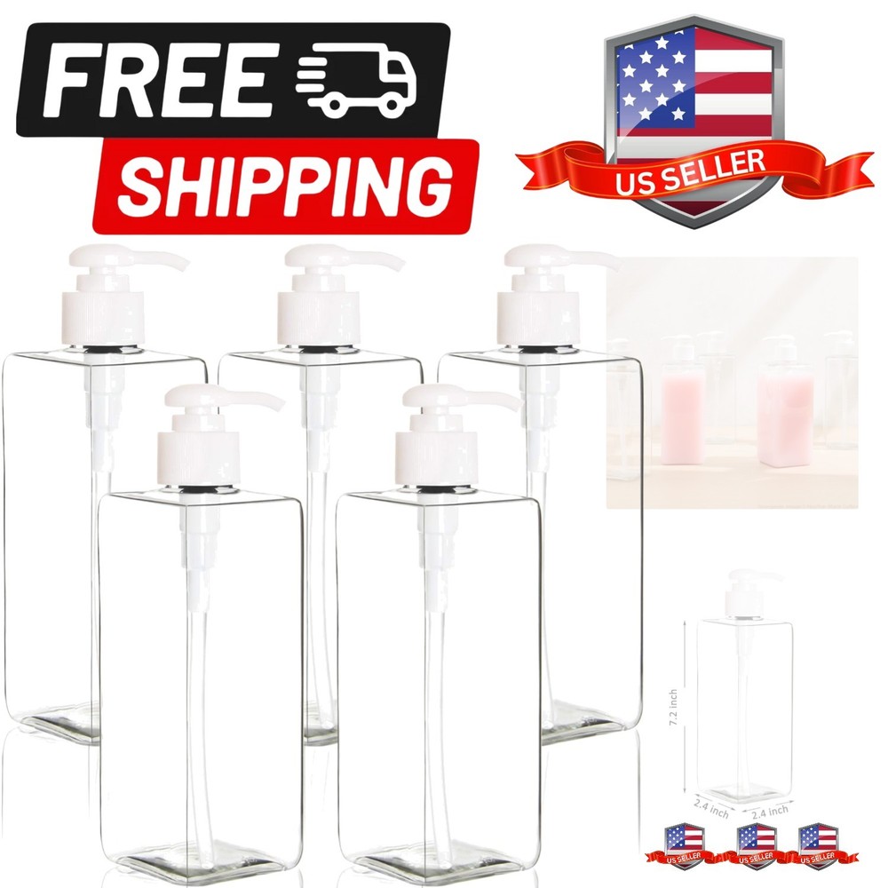 5 Pack 16 Ounce Plastic Pump Bottles, Refillable Square Plastic Pump Bottles ...