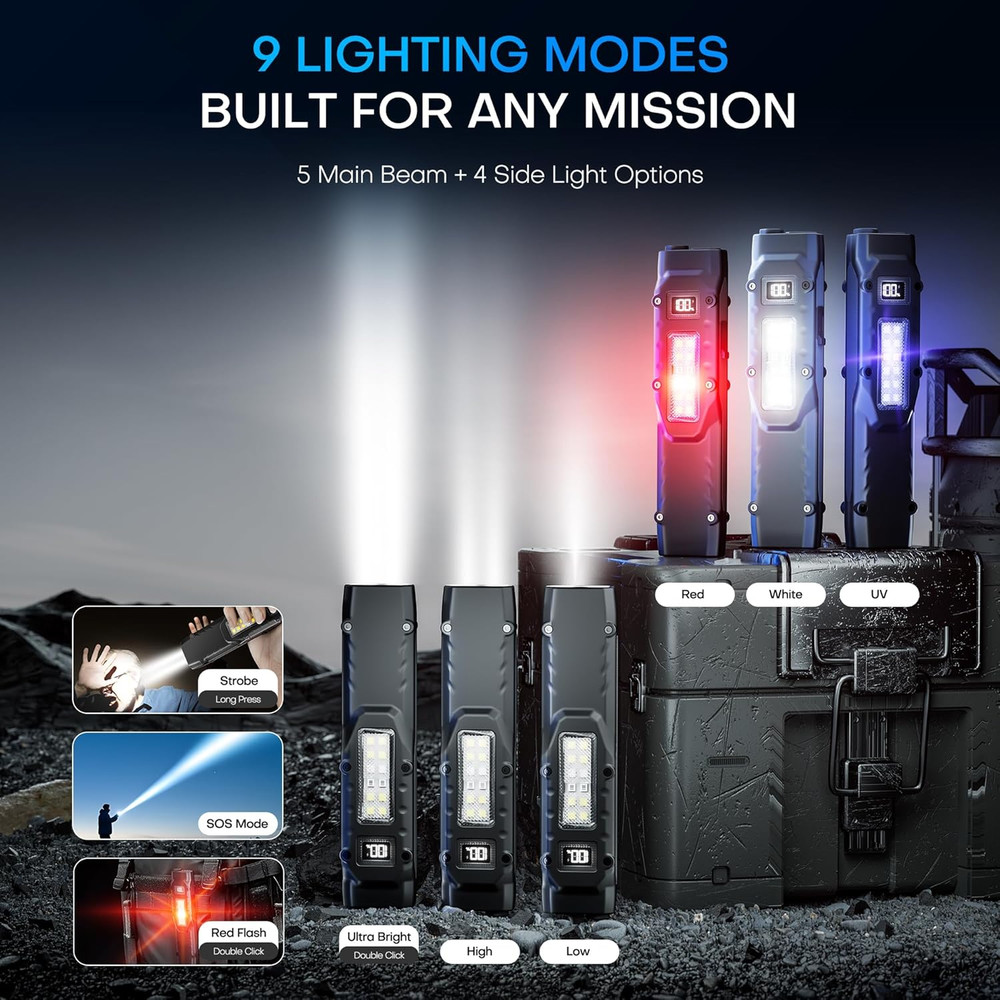 Tactical Flashlight Flat Flashlights Rechargeable Stainless Steel 8 Modes