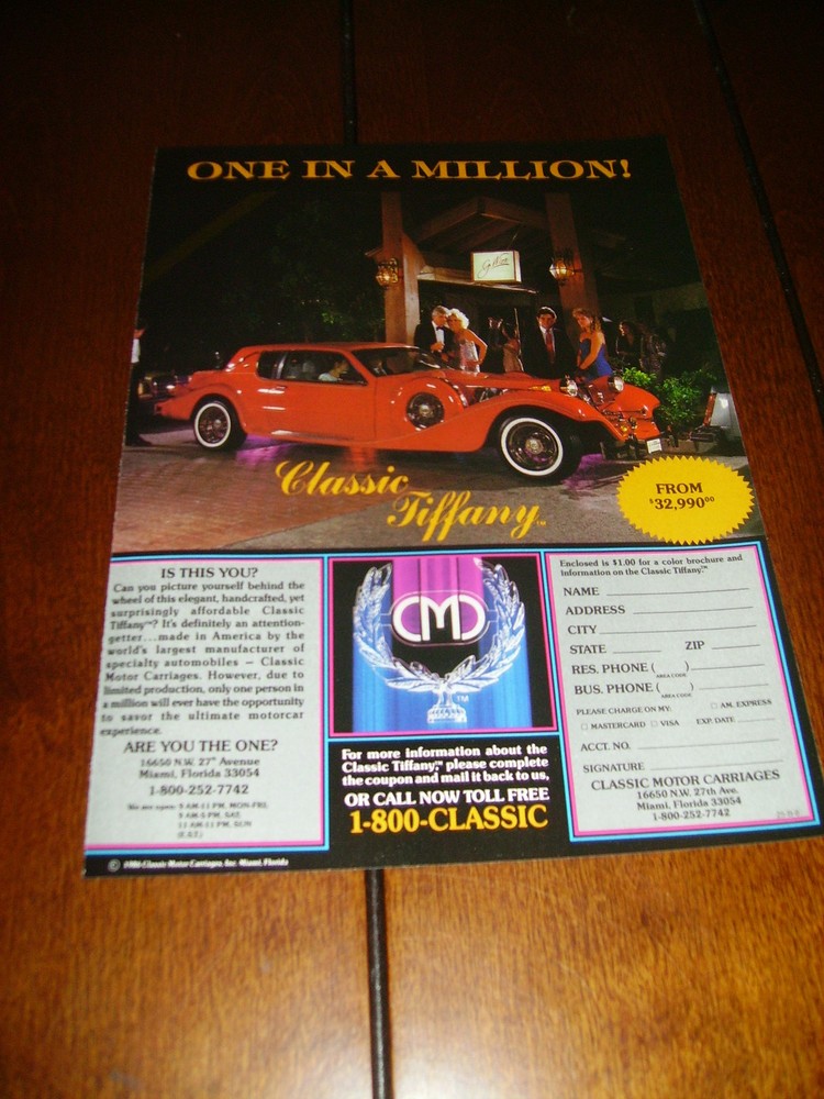 TIFFANY NEO CLASSIC CAR ORIGINAL 1986 AD