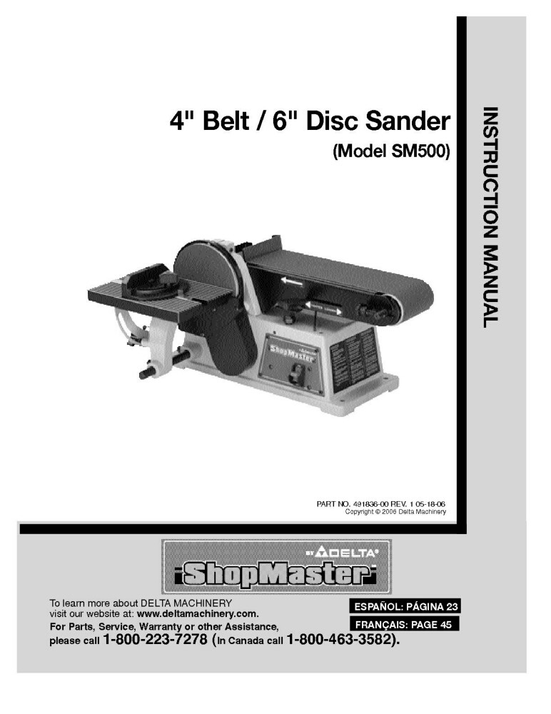 Delta SM500 Disc Sander Owners Instruction Manual