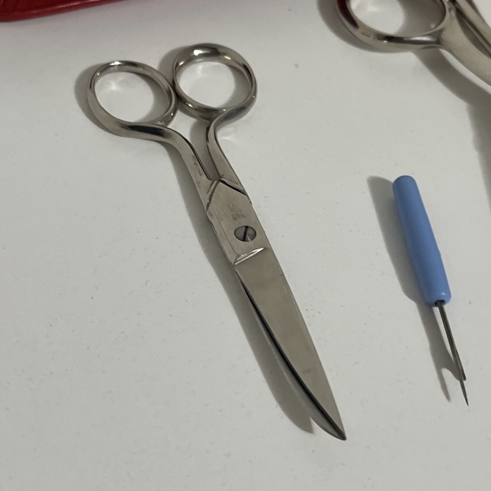Vintage Pinking Shears, Griffon Scissors, Thimble & Red Leather Sewing Case Set