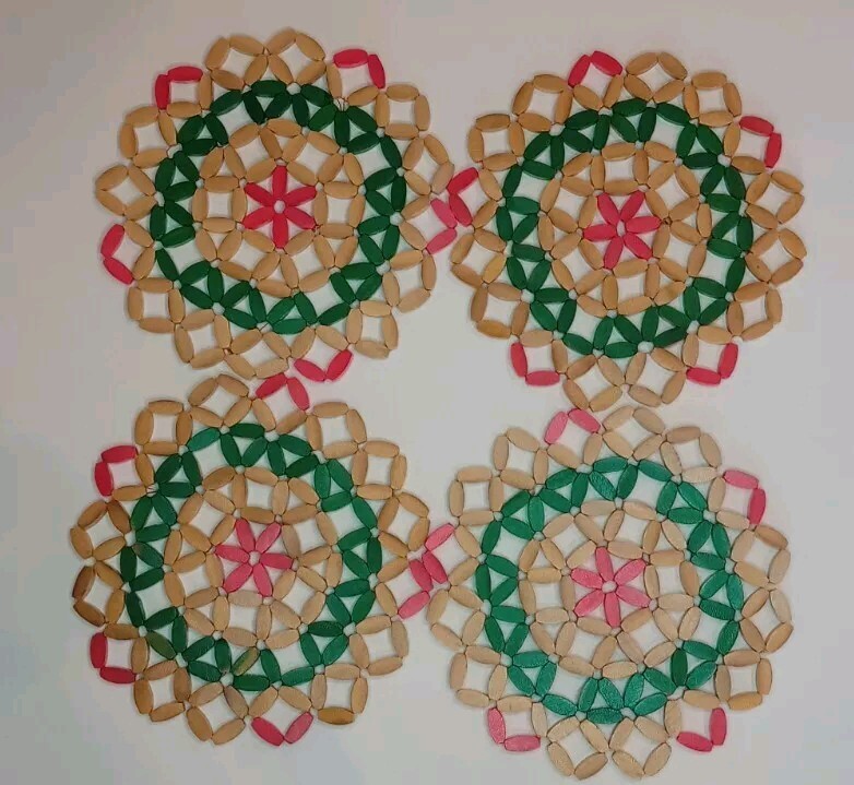 Bamboo Hot Plate Pad Table Protector Red Green Tan-Set Of 4