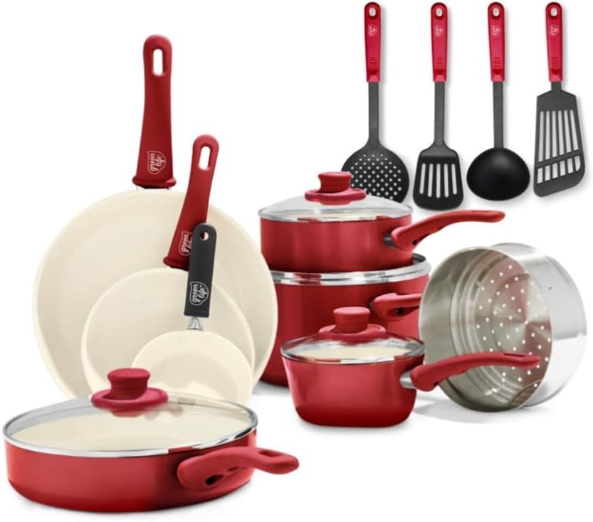 16-Piece Nonstick Ceramic Cookware Set, Red