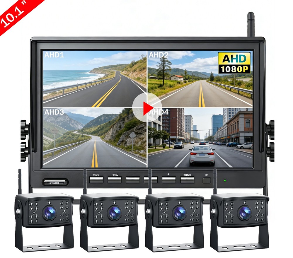 10.1" HD Wireless Observation System 4x IP69K Backup Cameras 4CH DVR for Trailer