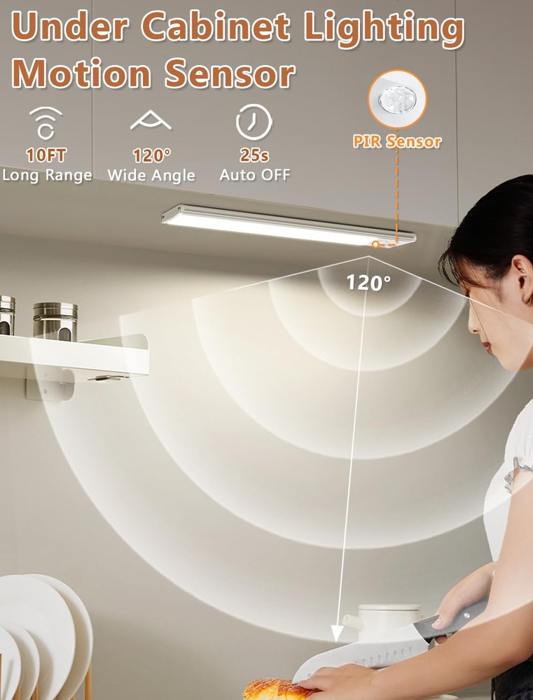 Under Cabinet Motion Sensor Lighting: 8 Inch Dimmable Rechargeable Lights Ind...