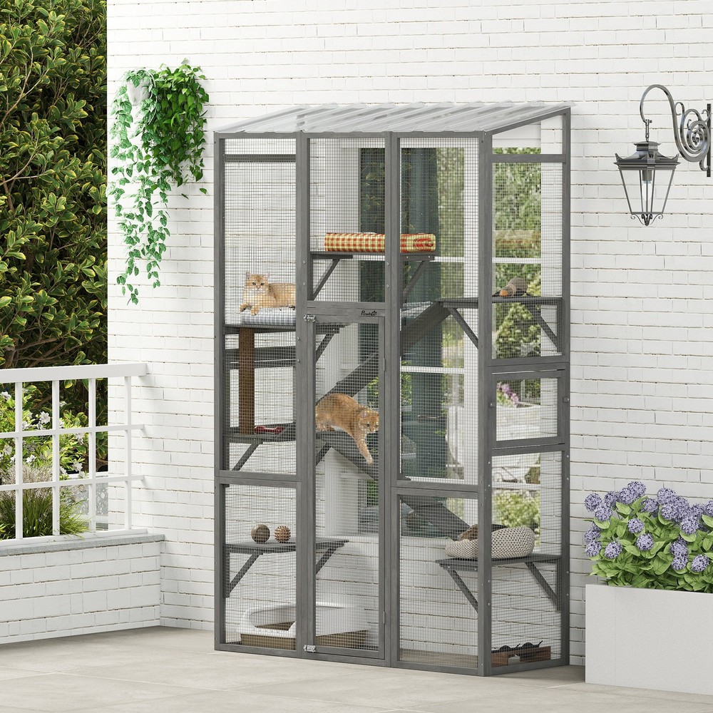 Outdoor Catio Cat Enclosure w/ Platforms, Scratching Post, Gray
