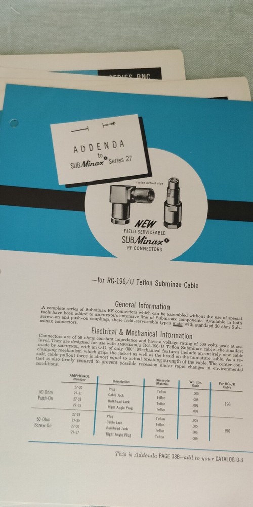 1960 ~ Amphenol ~ Catalog D3 - RF Connectors w/ assembly instructions + extras