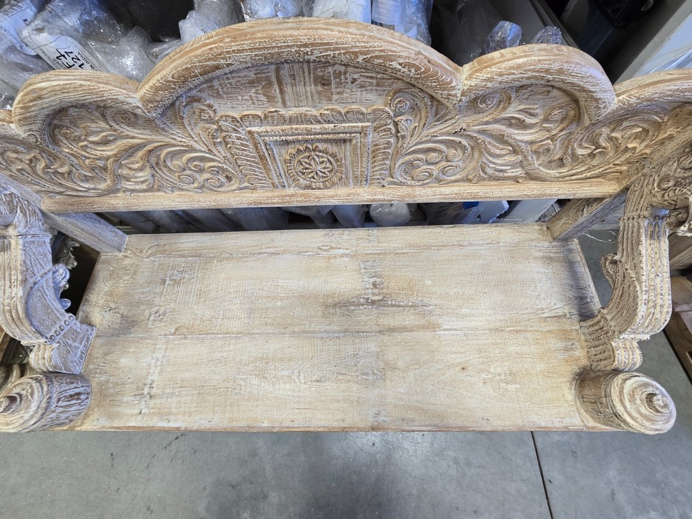 Reclaimed solid wood bench with floral carving design