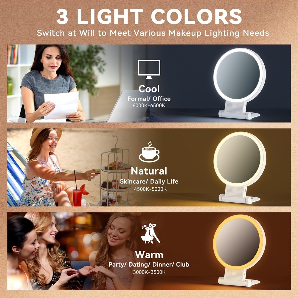 1X/30X Lighted Magnifying Mirror, Double-Sided with 3 Color Adjustable Light