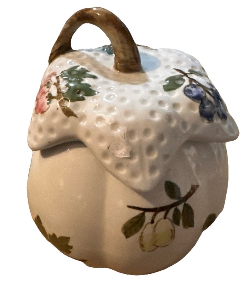 Vintage Fruit Jam Pot Lid Ceramic Fruit Shape Twig handle pumpkin shape Granny