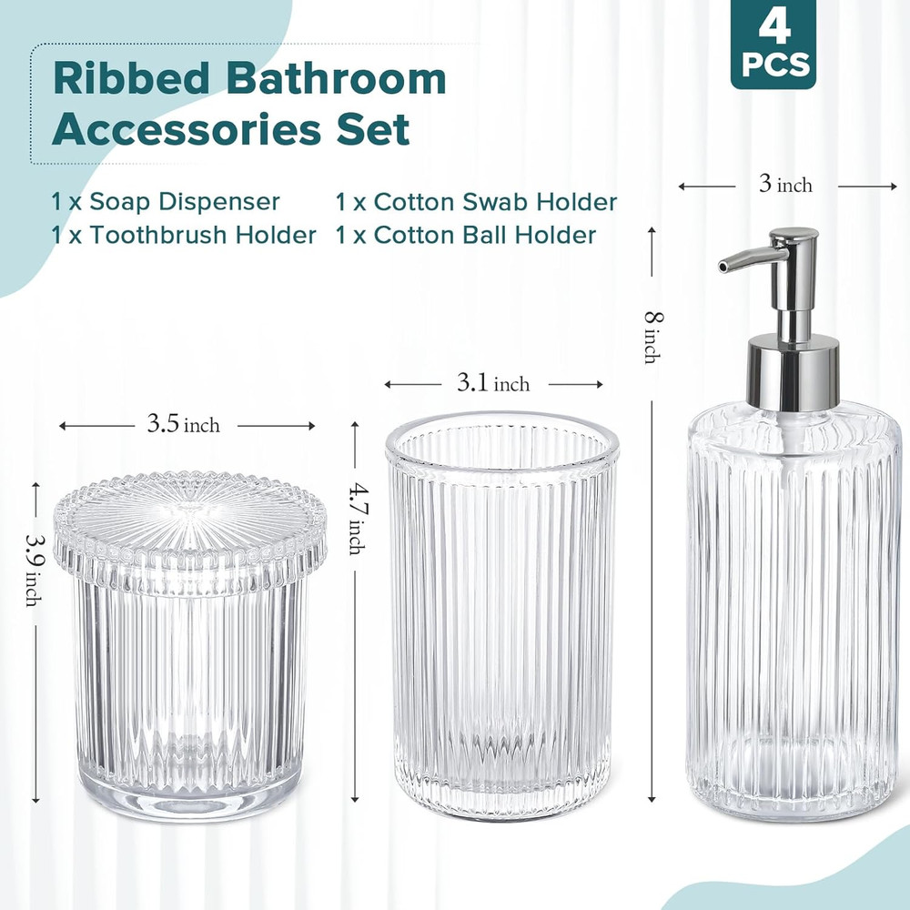 Bathroom Accessories Set, 4 Pack Clear Glass Bath Accessory Sets Complete, Ribbe