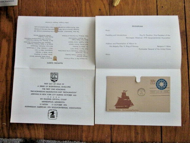 NORWEGIAN IMMIGRATION SHIP RESTAURATION 1975 First Day Ceremony Program