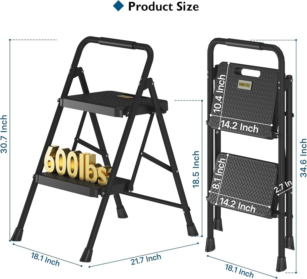 2-Step Ladder, Folding Step Stool, 600lbs Max Load Capacity, Sturdy Steel