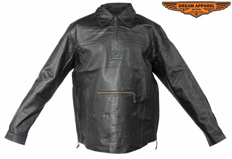 Men's Motorcycle Pullover Collared Leather Shirt with Lacing & Multiple Pockets