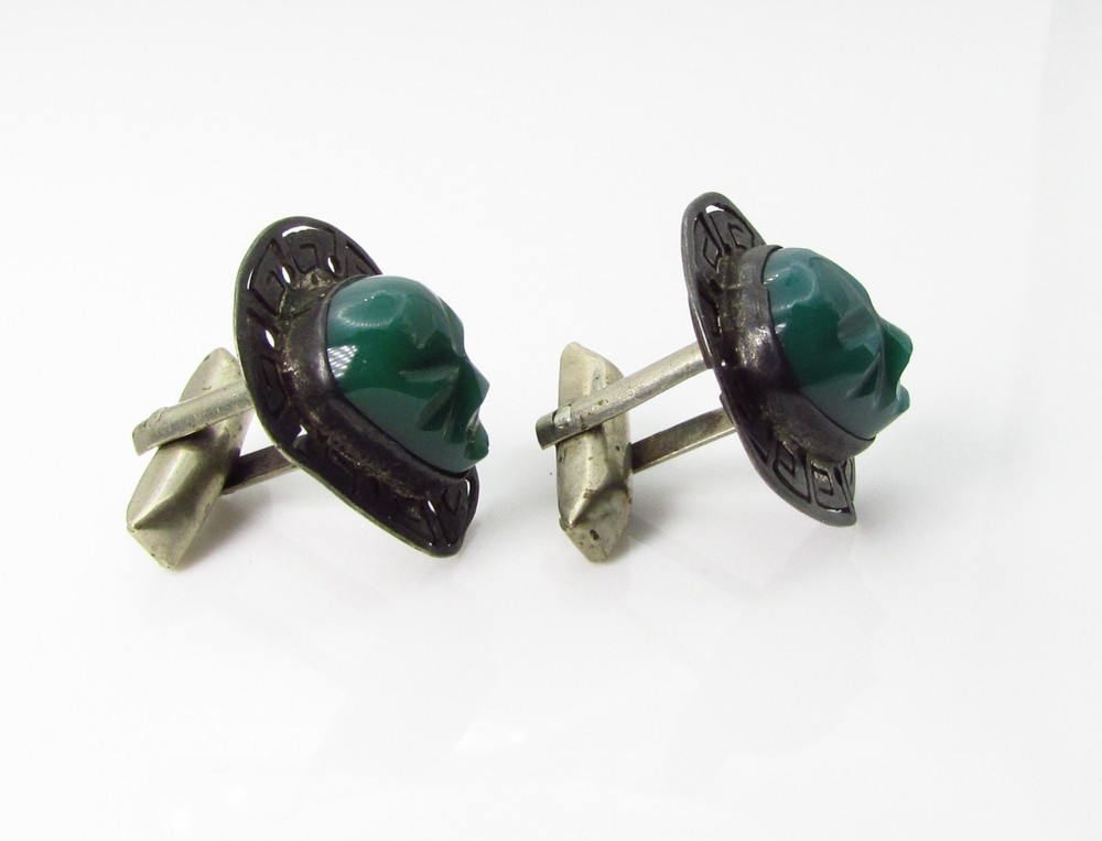 Sterling Front Cufflinks with Green Onyx Aztec Mask