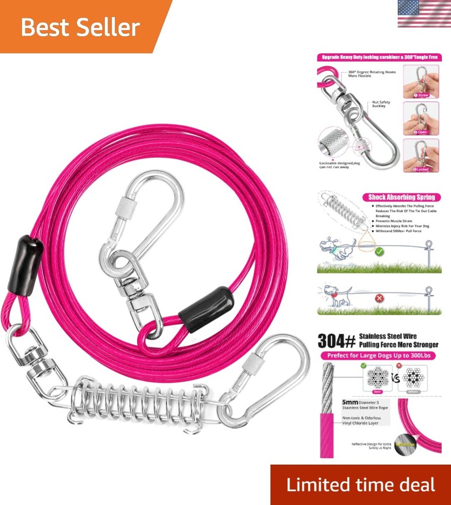 Heavy Duty Dog Leash Runner - 15FT Tie Out Cable with Secure Locking Hook