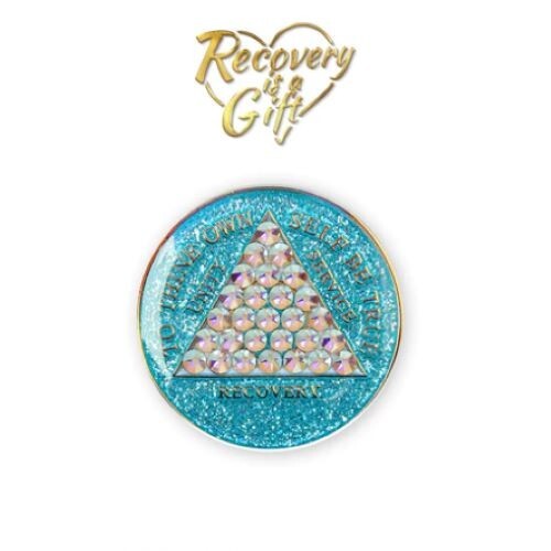 AA Recovery Chip - Timeless Crystallized Bling on Aqua Glitter