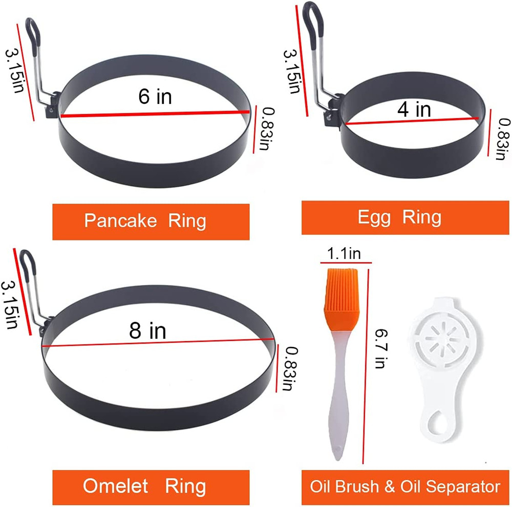 Stainless Steel Egg Cooker Set - 8" Omelette Ring, 6" Pancake Ring, 4" Griddle E