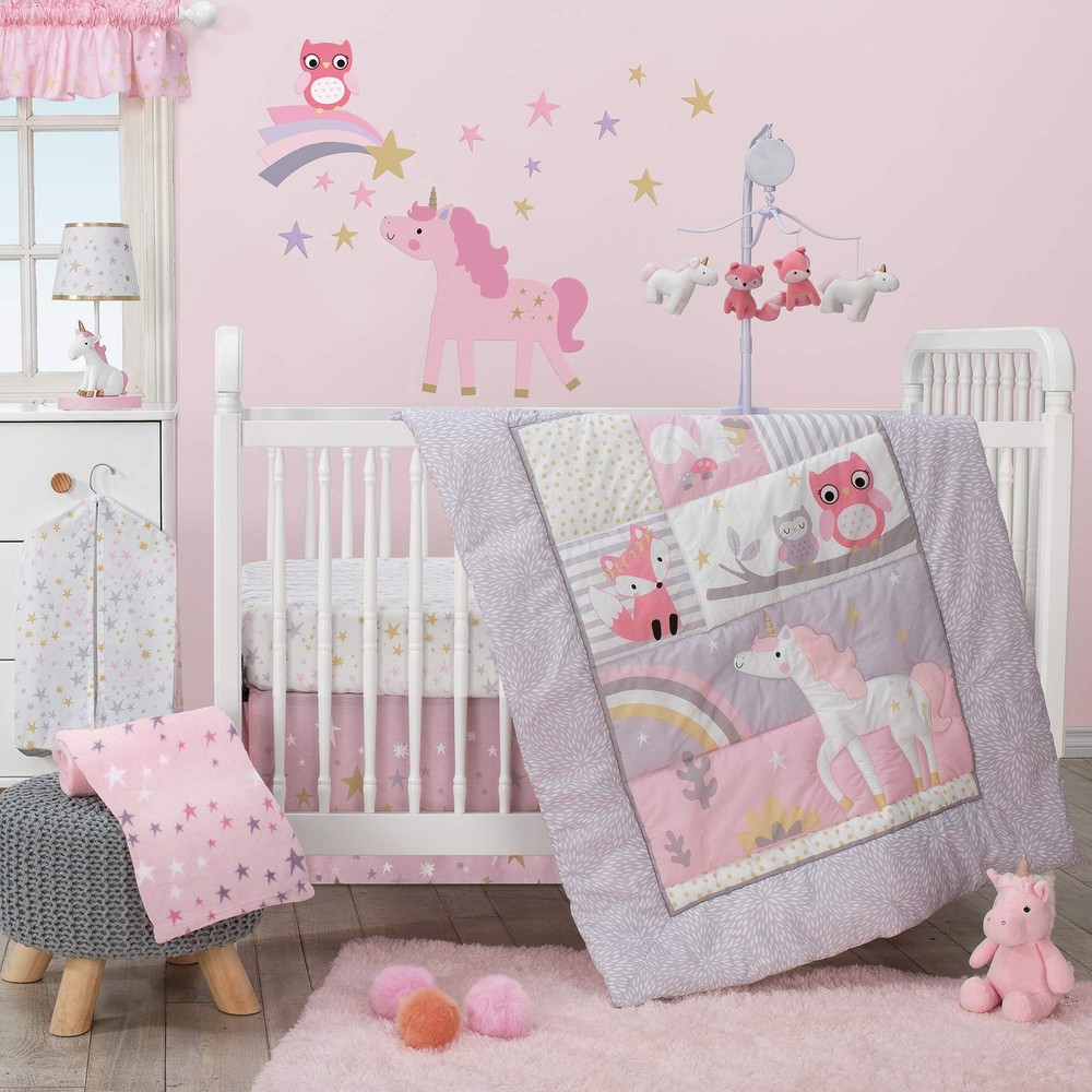 Rainbow Unicorn 3Piece Crib Bedding Set, Purple