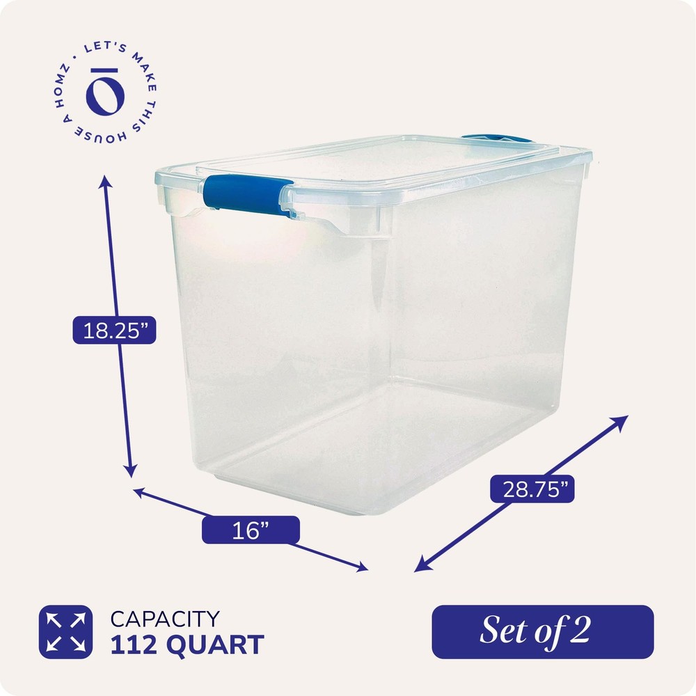 HOMZ 2-Pack Latching Lid, Clear Plastic Storage 112 QT (2 Pack), Blue