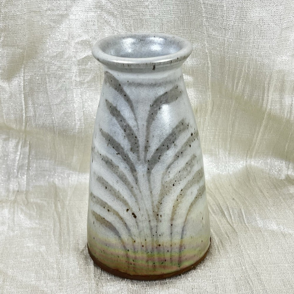 Signed FP Studio Pottery Vase Iridescent Glaze Carved 7”