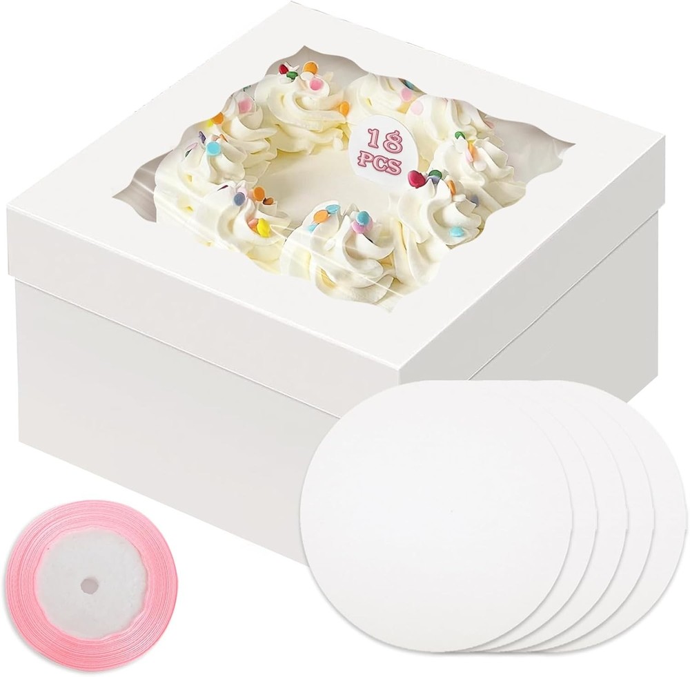 White 10x10x8 Cake Box, 18 Sets Cake Box with Window ＆ 18 Sets Cake