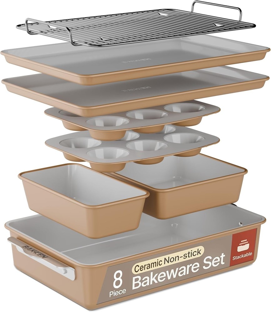 Bakken 8-Piece Stackable Bakeware Set Ceramic Non-Stick Coating Baking Sheets