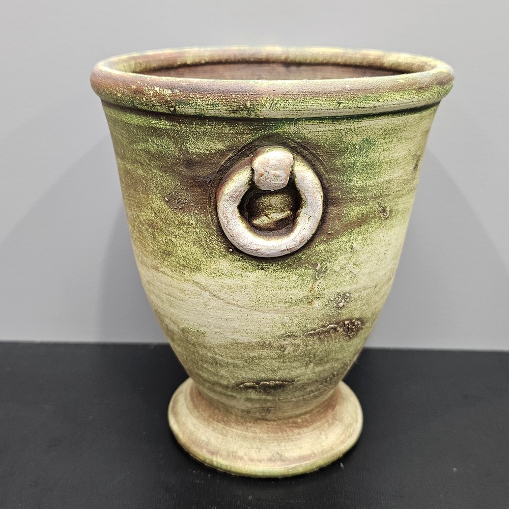 Rustic Green Weathered Footed Planter Pot Molded Handles 7" Tall Indoor