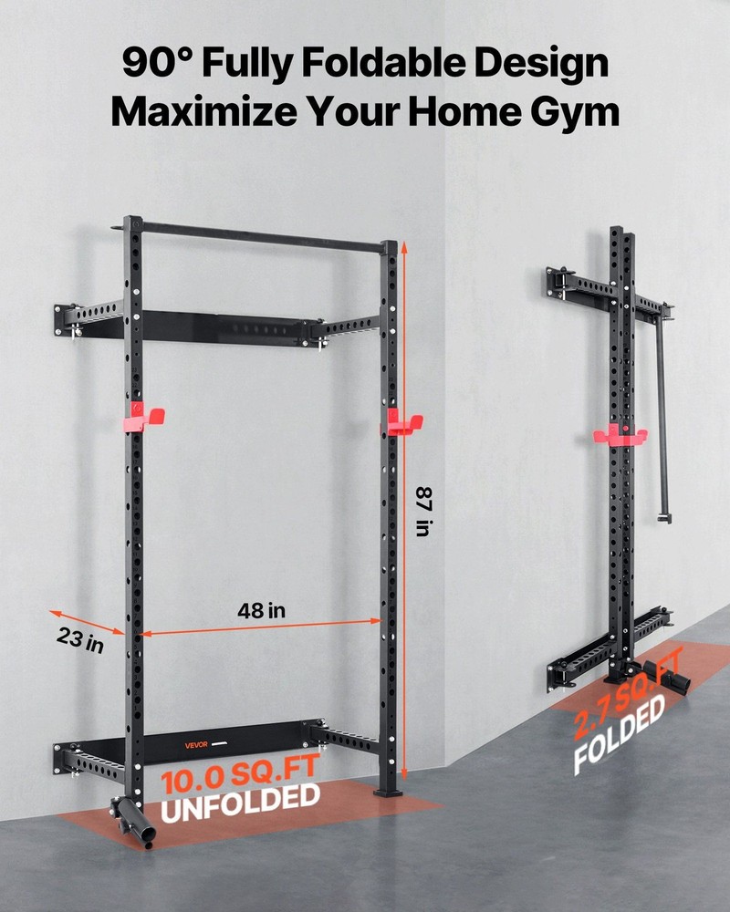 Adjustable Folding Power Rack: 1000lb, J-Hooks, Pull-Up Bar, Landmine Kit