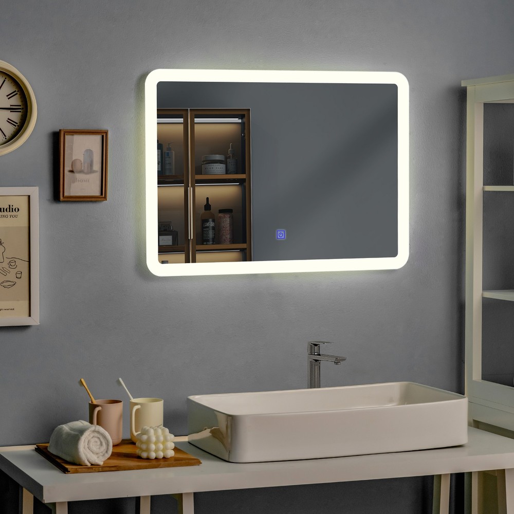 Wall Mounted Rectangle Bathroom LED Mirror Dimmable Touch 3-Color Frameless