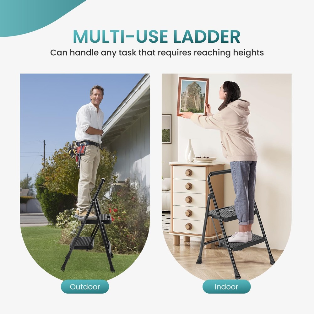 Smug 2-Step Folding Step Stool Ladder, Anti-Slip, Portable, 800lbs Capacity