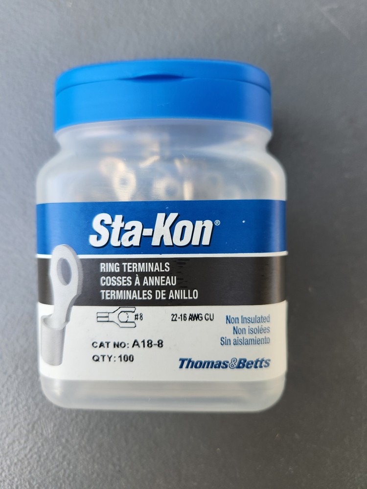 (100 Pk) Thomas&Betts Sta-Kon A18-8 Ring Terminals
