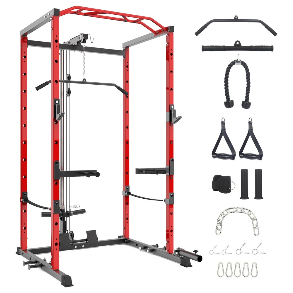 Power Cage with LAT Pulldown, Multi-Functional Power Rack with Cable Pulley S...