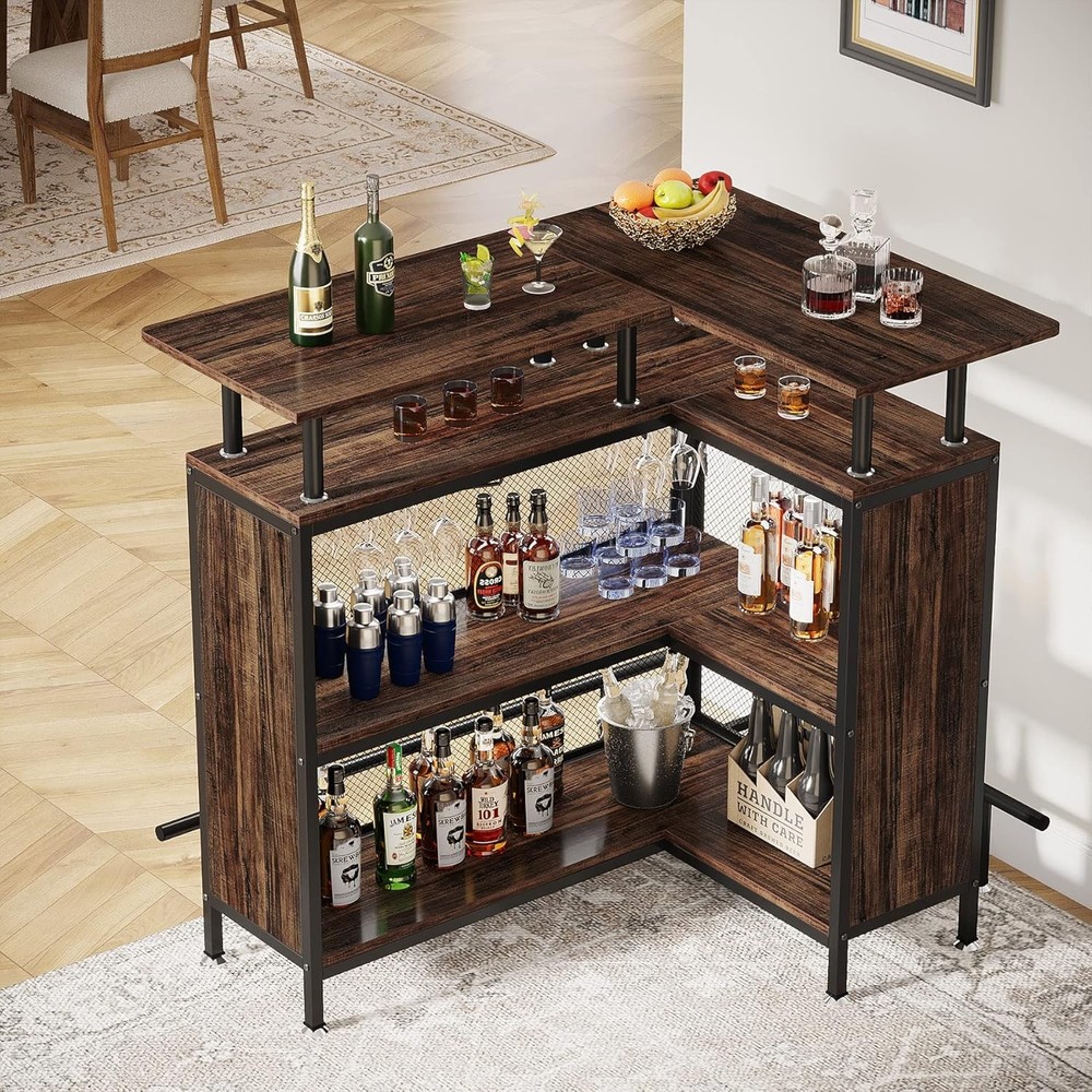 Home Bar Unit, 2-Tier L-Shaped Bar Table with Stemware Racks for Kitchen/Pub