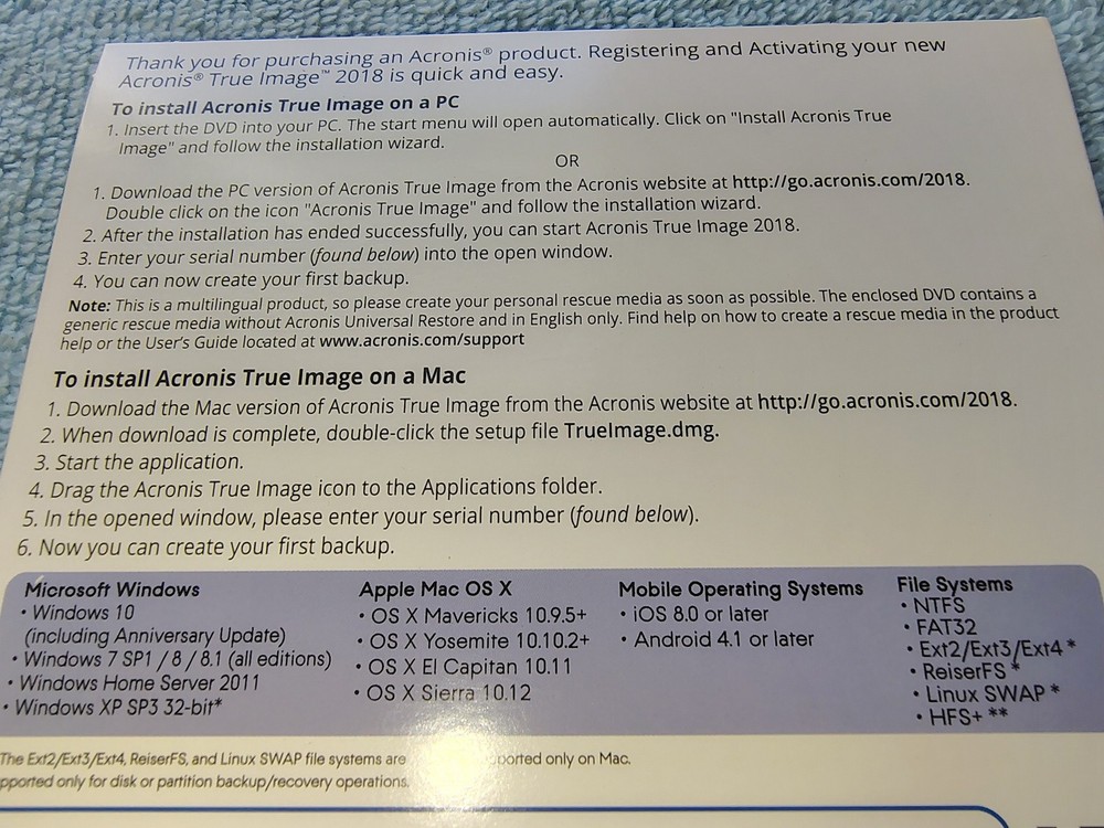 Acronis True Image 2018 For 1 Computer PC Backup Recovery Software w/ Disc, SN