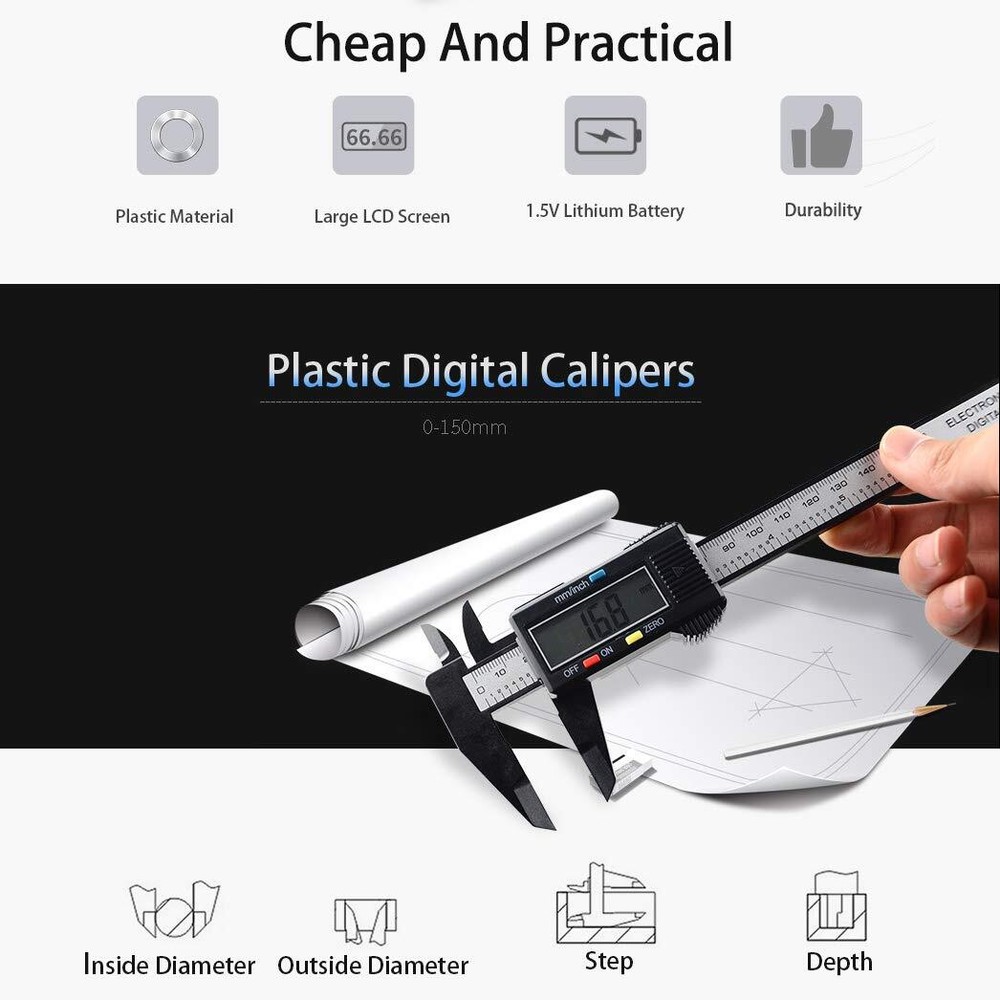 Digital Caliper Measuring Tool w/ Inch Millimeter Conversion Micrometer Ruler