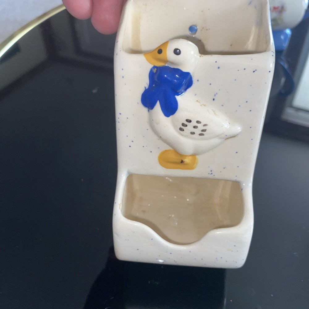 Ceramic Match Holder with Blue duck Goose Vintage
